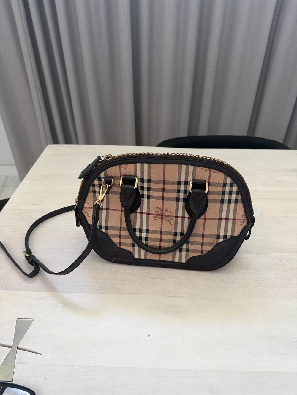 Burberry Beige Plaid Crossbody with Dark Brown Leather Trim and Gold Hardware